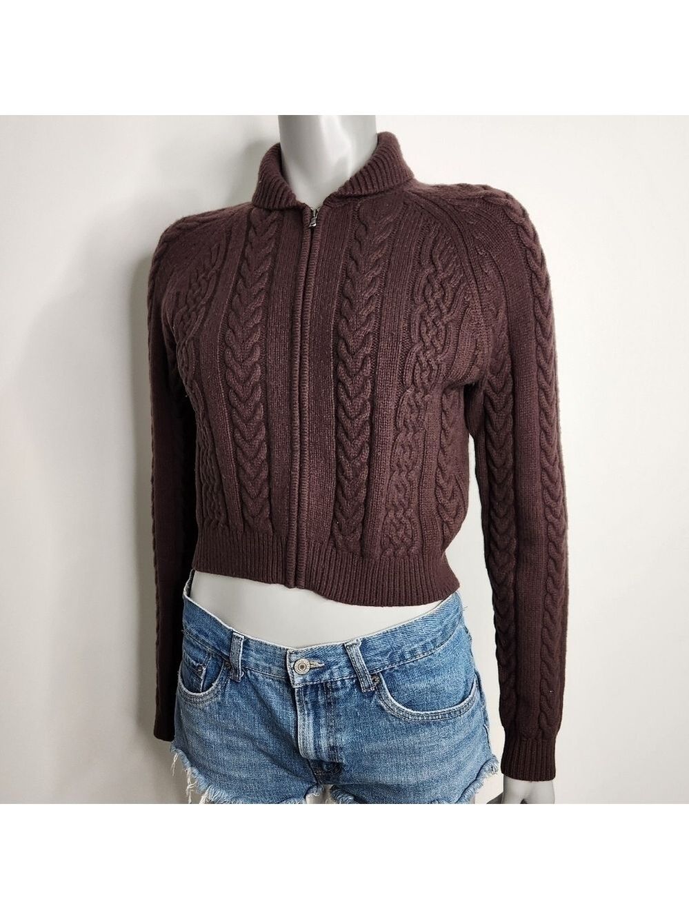 Aritzia Sunday Best "Gigi" Brown Cable Knit Collared Zip-Up Sweater Size 2XS - Picture 2 of 15